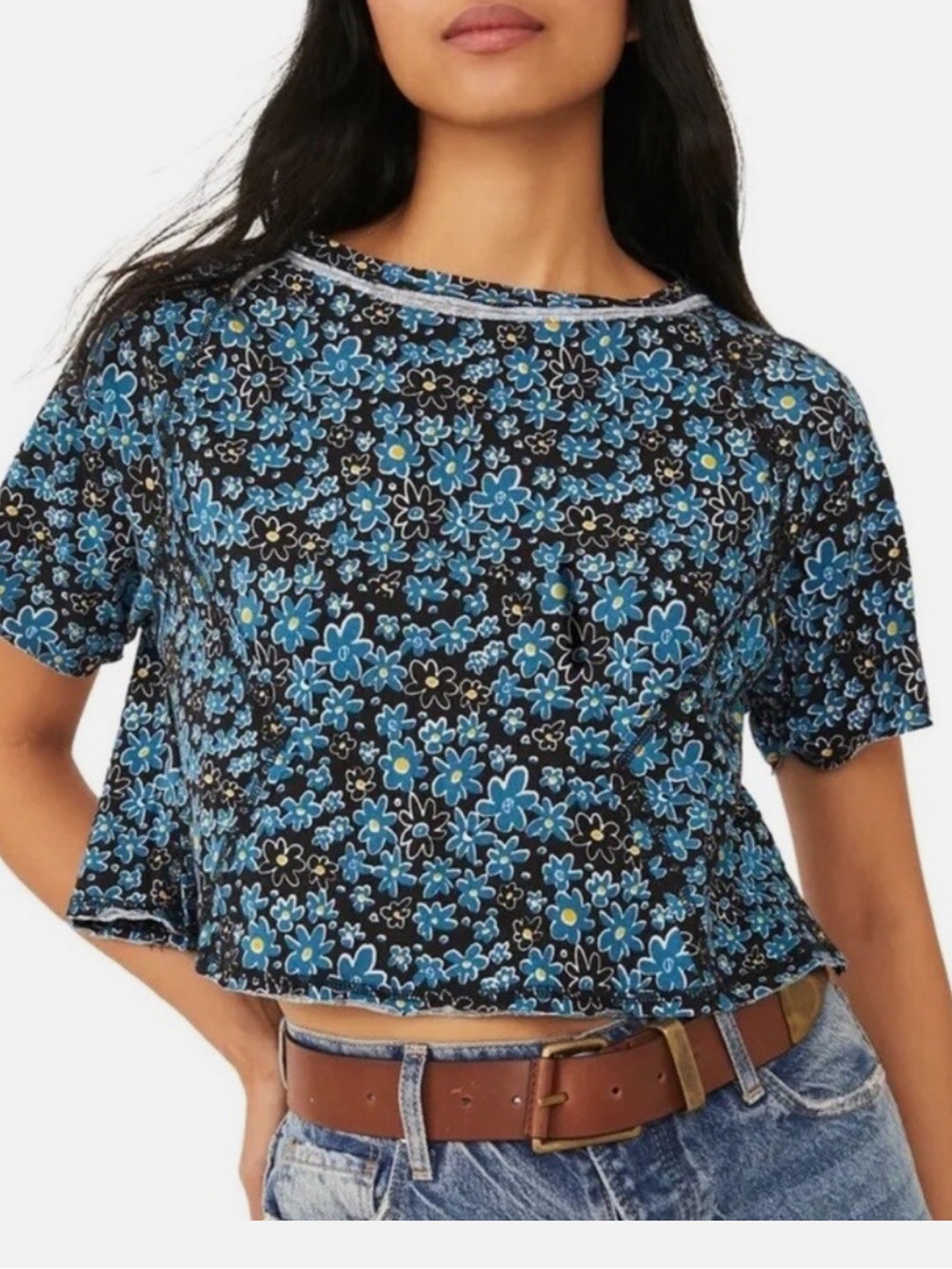 FREE PEOPLE We The Free Sammie Floral Print Tshirt in Black and Blue
